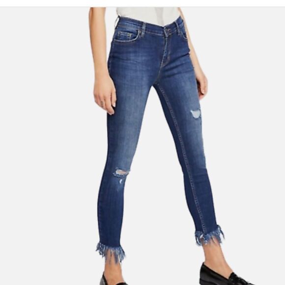 Vintage Free People Frayed Crop Skinny Jeans Distressed Denim Frayed Hem Size 27 - Picture 2 of 10